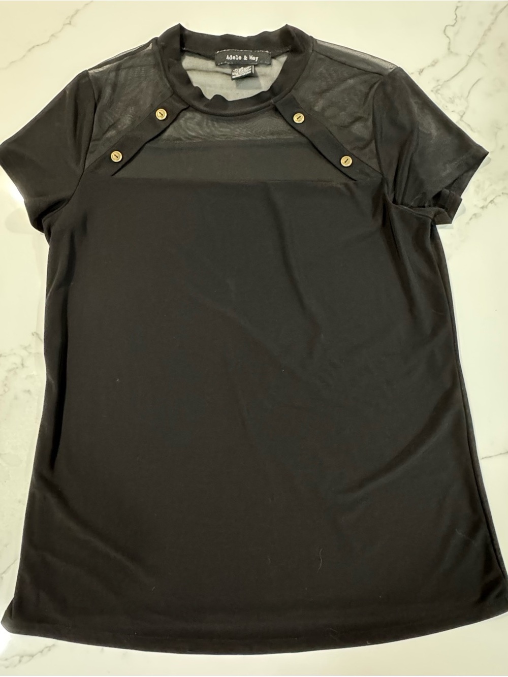 Adele & May Black Short Sleeve Mesh Yoke Tee with Gold Accent